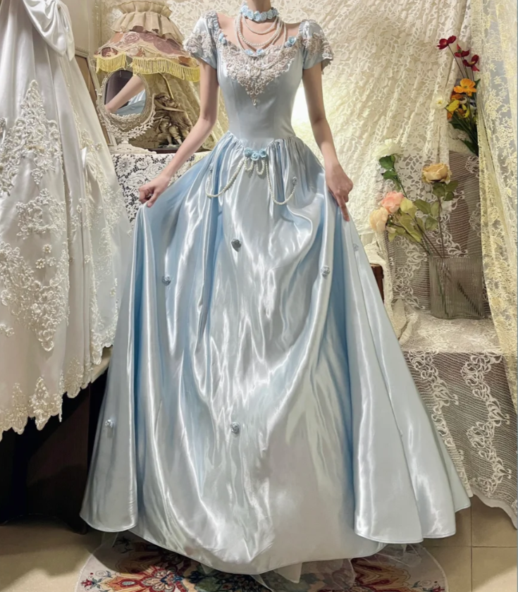 Fairy Blue Ball Gown Off The Shoulder Satin Long Birthday Party Dress With 3D Flowers Dress