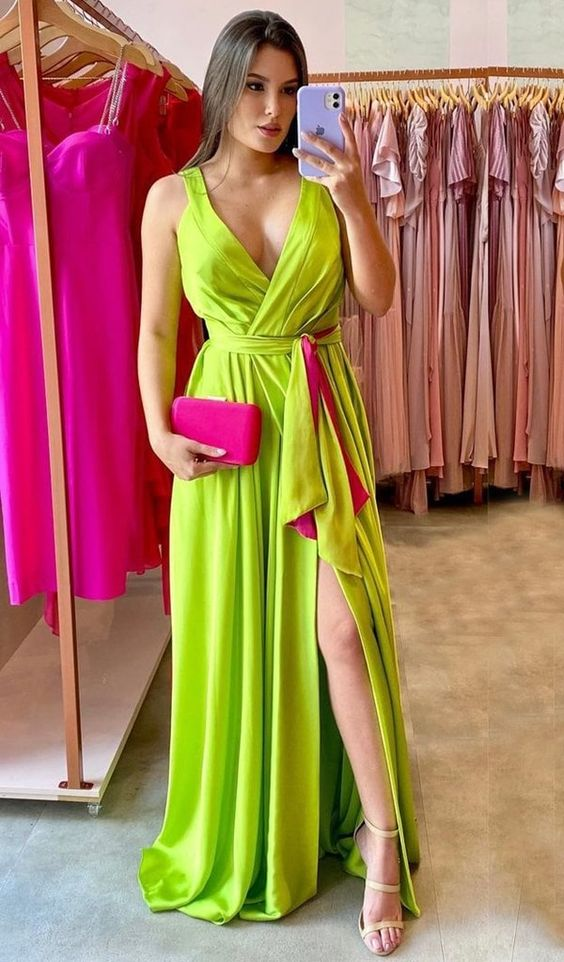 A-line Deep V-neck Long Prom Dresses With Split