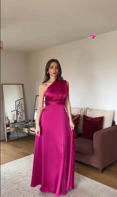 Classy Hot Pink Satin A-Line Long Evening Dress Birthday Party Gown - FashionDia