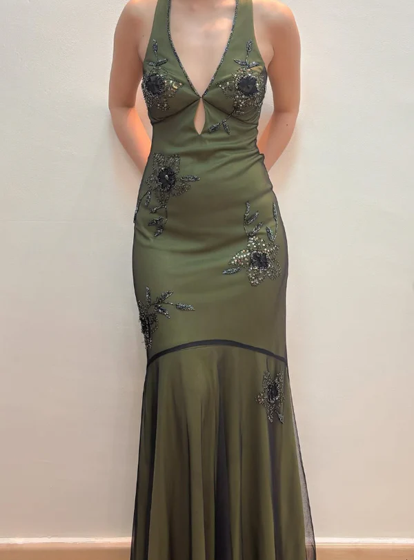 Vintage Halter Satin Beaded Mermaid Evening Dress Sexy Backless Green Prom Dress Y8228 - VelvetHem