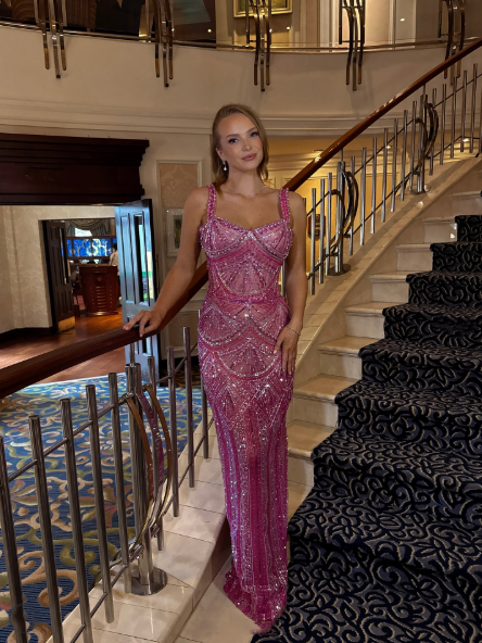 Gorgeous Pink Spaghetti Straps Sequin Beaded Long Evening Dress Formal Party Gown - View 9 | FashionDia