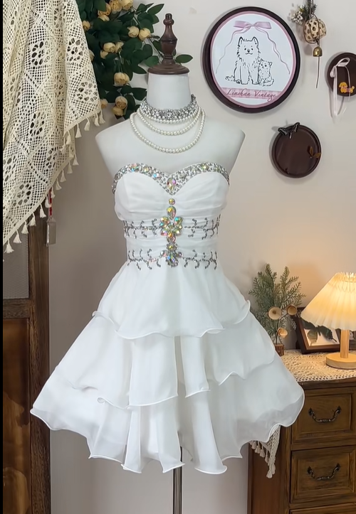 White Strapless Layered Chiffon Beaded Birthday Dress Elegant A Line Homecoming Dress
