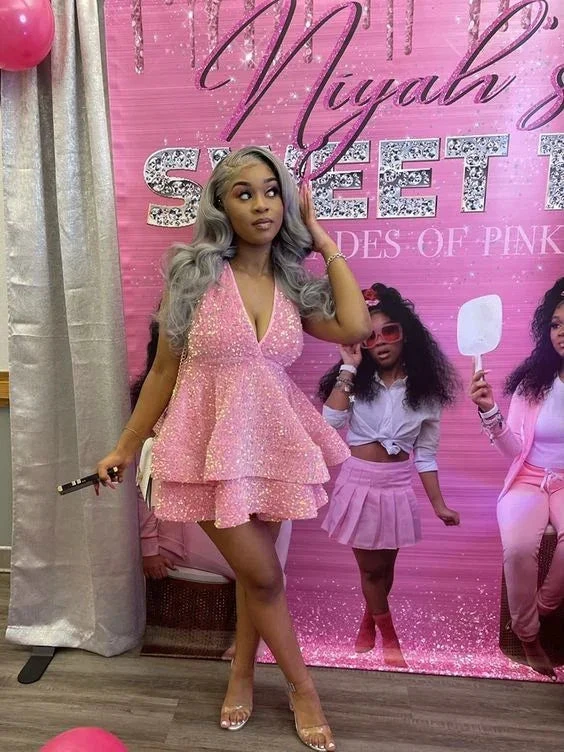 Sparkly Halter Sequin Cocktail Dresses Pink A-line Homecoming Dress (ZD12717)