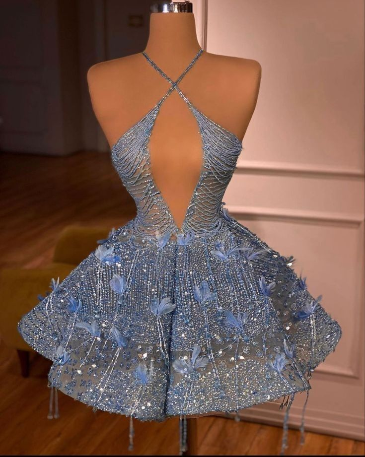 Luxurious Halter Blue Sequin Beaded A-Line Short Party Dress Cocktail Dress Formal 7th Grade Homecoming Dress - FashionDia