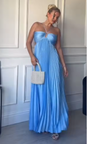 Sexy A Line Spaghetti Straps Blue Backless Prom Dresses Long Party Dress