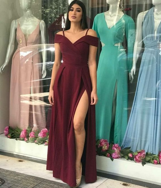 Popular Burgundy Slit Off Shoulder Party Formal Prom Dress