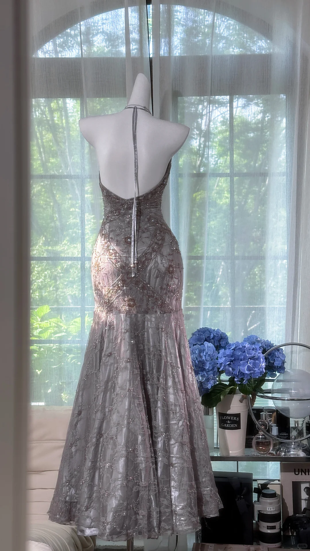 Gorgeous Halter Gray Lace Sequin Beaded Mermaid Long Party Dress Evening Gown
