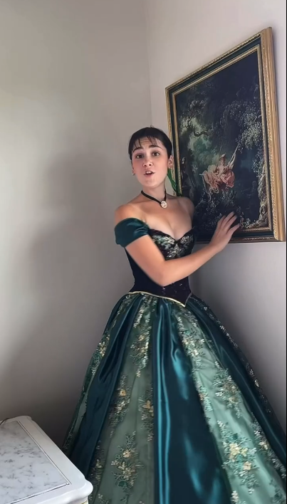 Vintage Off-the-Shoulder Green Satin Lace Applique Ball Gown Sweet 16 Dress - View 2 | FashionDia