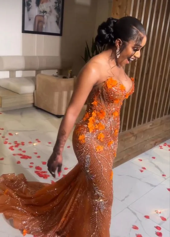 Classy Mermaid Sweetheart Orange Tulle Sequin Evening Gowns Long Prom Dress