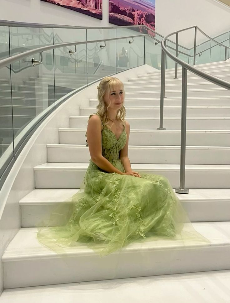 Classy Spaghetti Strap Green Tulle Appliques A-Line Long Evening Dress Formal Birthday Evening Dress - FashionDia