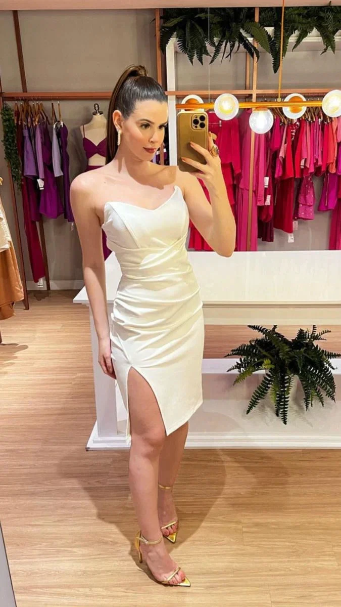 White Strapless Party Dress With Leg Slit White Homecoming Dress (ZD12654)