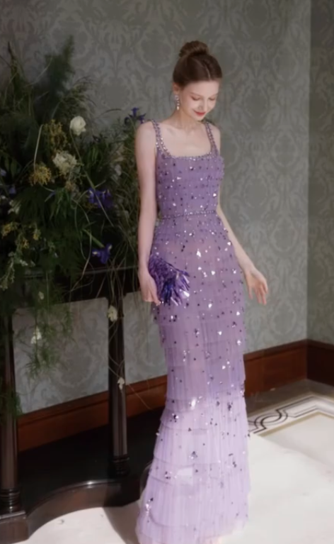 Gorgeous Lilac Sequins Evening Dress,Long Tulle Layered Prom Gown