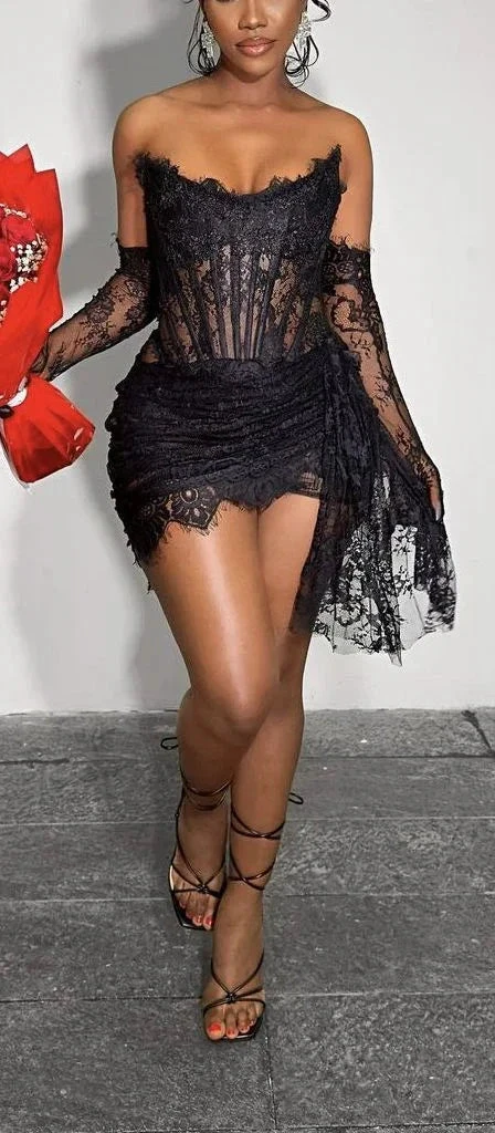 Sexy Black Lace Homecoming Dress Strapless Party Dress (ZD12086)