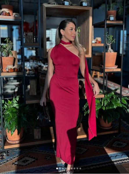 Burgundy One Shoulder Satin Long Party Evening Dress