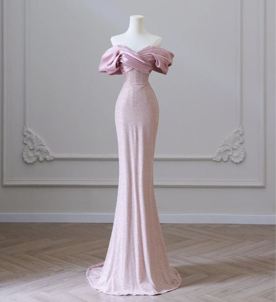 Flesh Pink Sequin Evening Gown Elegant Women's Off Shoulder Party Prom Evening Dress Y6963 - View 2 | VelvetHem