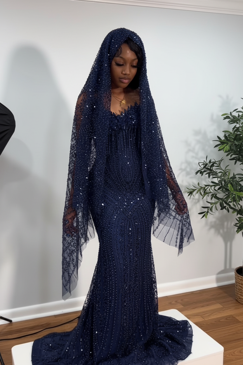 The Ruby Heiress - 2026 Hand-Beaded Crimson Mermaid Gown with Matching Crystal-Encrusted Hooded Veil (ZD17402)