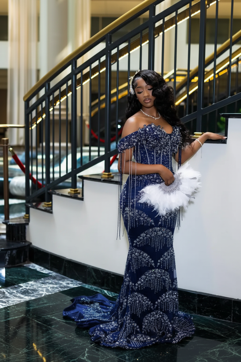 Luxury Glacial Silver Beaded Prom Dress – Crystal Fringe Mermaid Gown with Feather Accents | 2026 Couture Evening Collection (ZD17400)