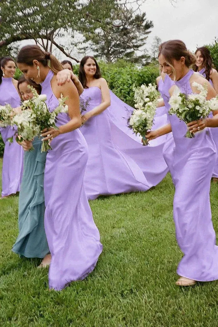Sheath Halter White Silk Satin Long Bridesmaid Dresses
