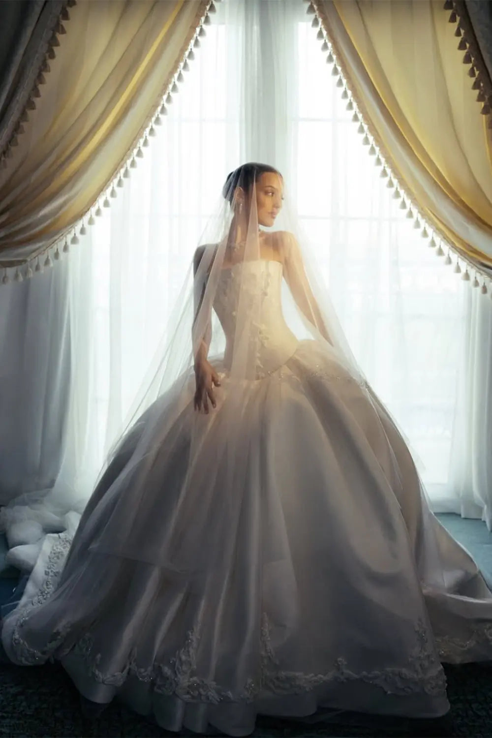 White Satin Tulle Ball Gown Bridal Dress with Embroidered Lace Bodice ZP207