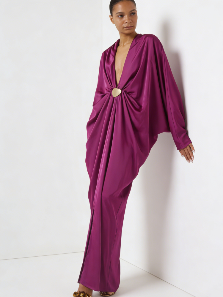 Magenta Satin Neck Maxi Dress in Satin