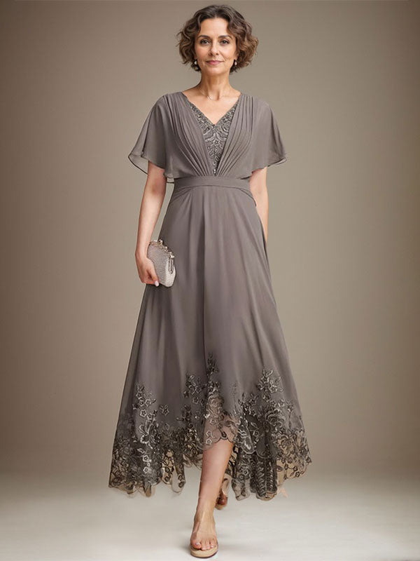 A-line V-Neck Asymmetrical Lace Chiffon Mother of the Bride Dress With Pleated - View 6 | FashionDia