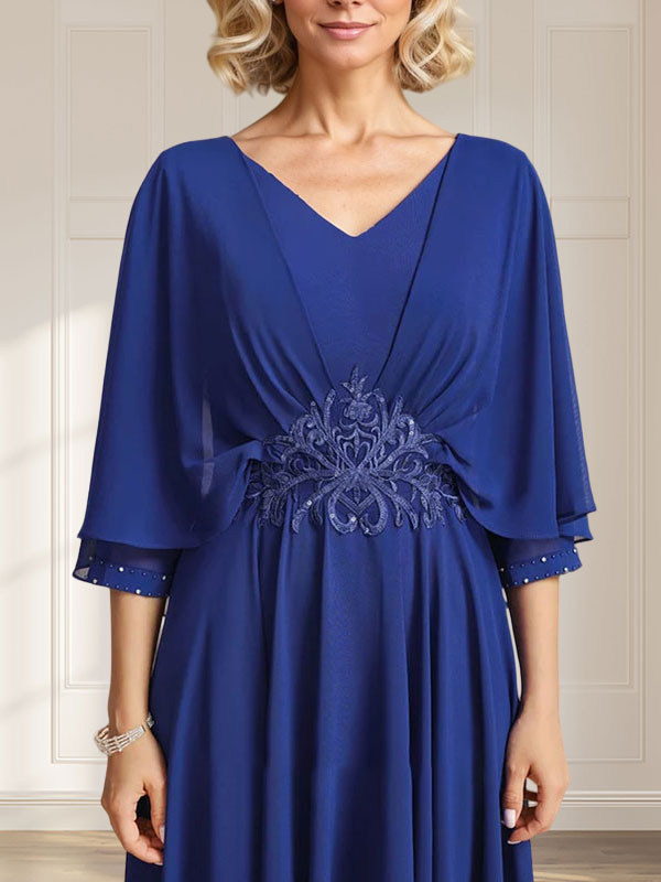 A-line V-Neck Tea-Length Chiffon Mother of the Bride Dress With Pleated Sequins Appliques Lace Beadind - View 6 | FashionDia