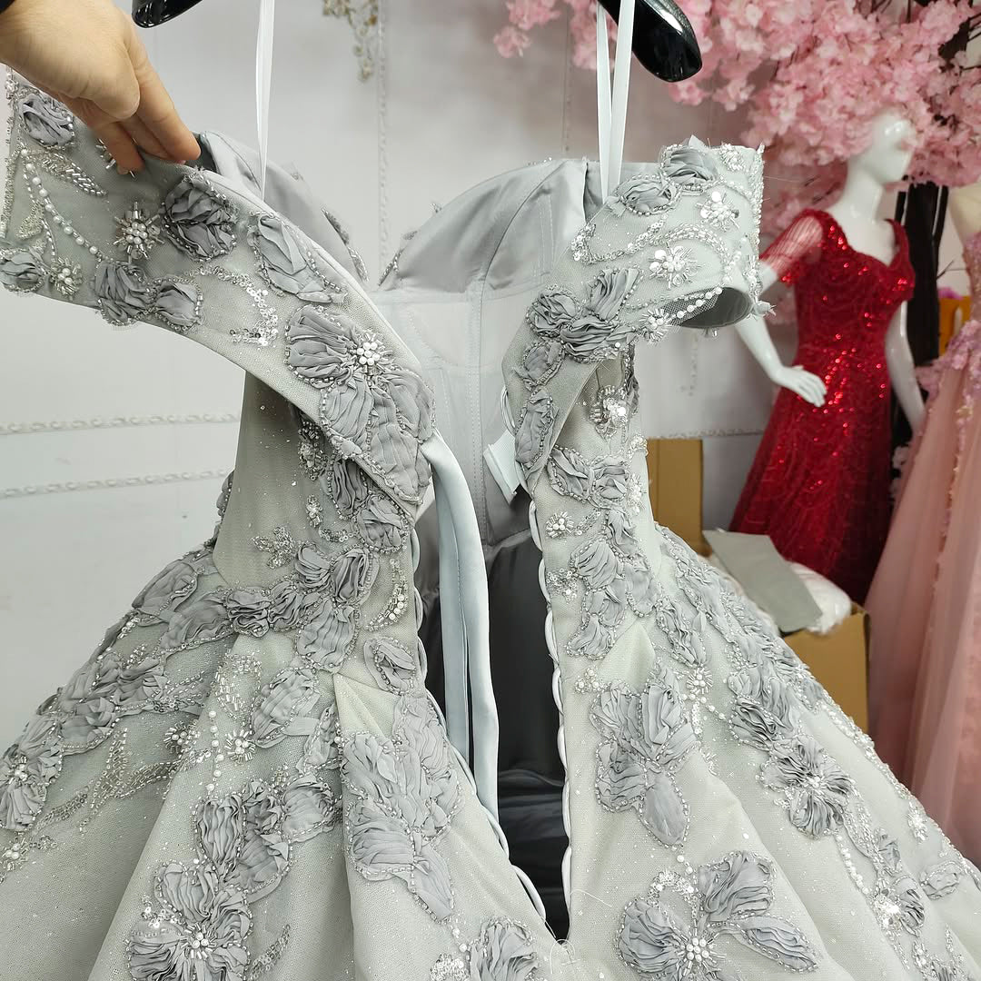 Beautiful A Line Off the Shoulder Grey Ball Gown Quinceanera Dress with Appliques Criss Cross Back