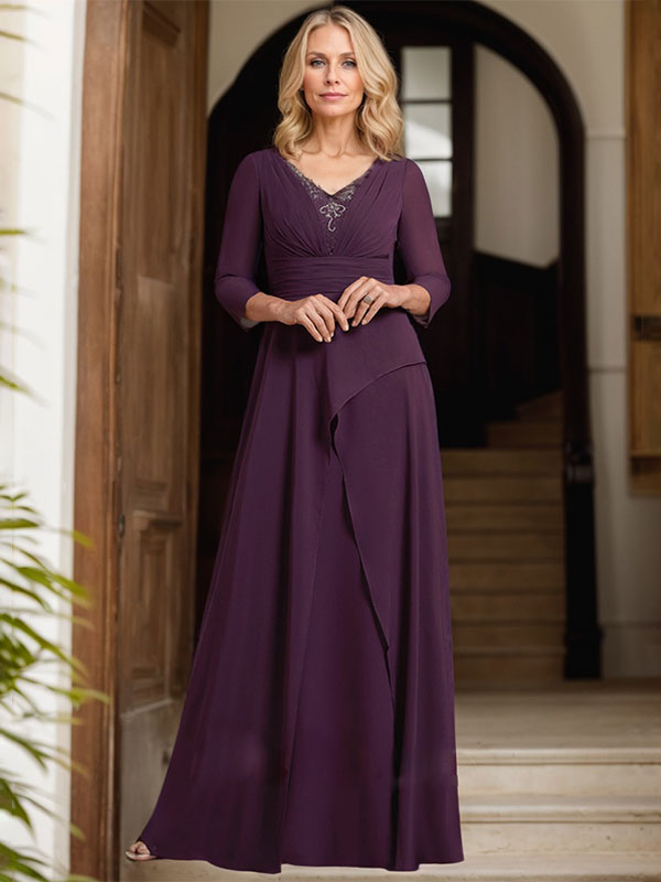 A-line V-Neck Floor-Length Chiffon Mother of the Bride Dress With Pleated Beading - FashionDia