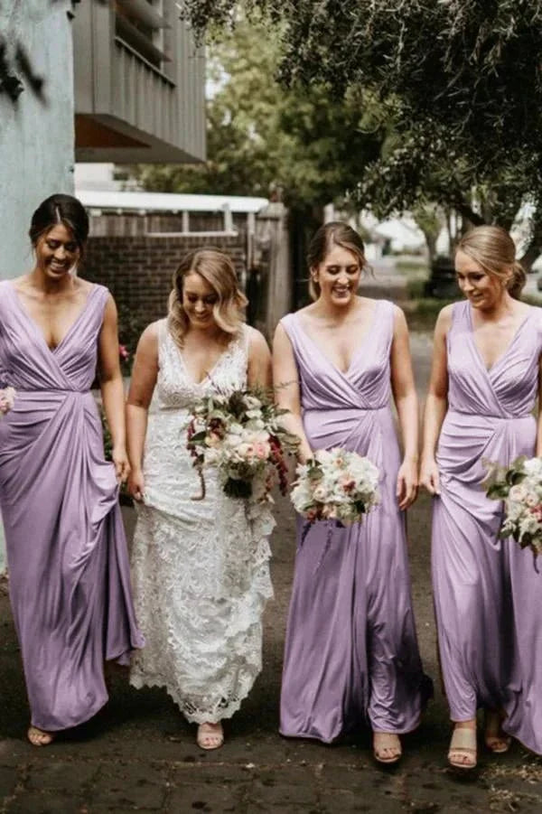 A Line Chiffon V Neck Sleeveless Floor Length Ruched Bridesmaid Dress