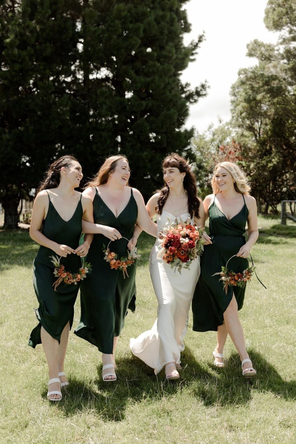 A Line Spaghetti Straps Green Tea Length Bridesmaid Dress with Split Front
