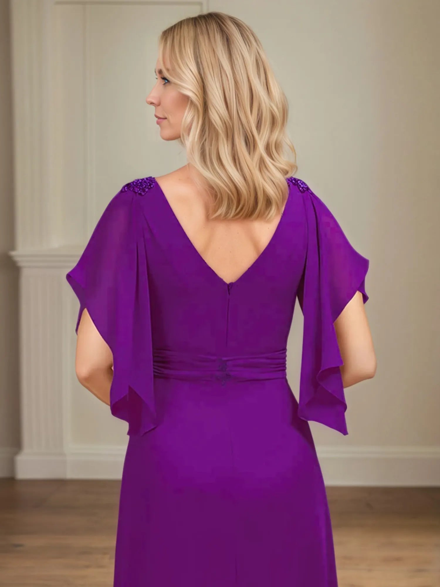 A Line V Neck Appliqued Floor Length Mother of the Bride Dress with Ruffles