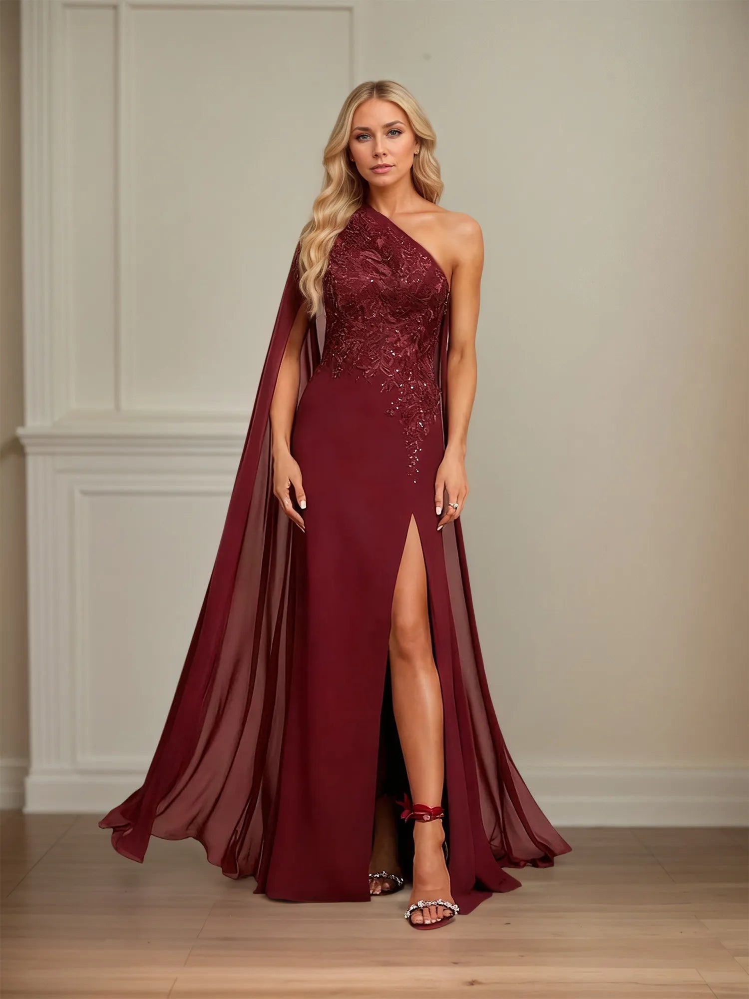Sheath/Column One Shoulder Floor-Length Chiffon Mother of the Bride Dress With Appliques
