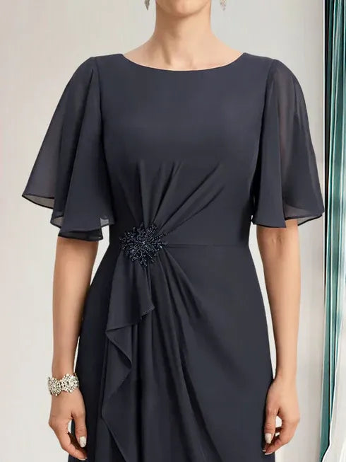 A-line Scoop Floor-Length Chiffon Mother of the Bride Dress With Cascading Ruffles Beading Sequins - View 6 | FashionDia