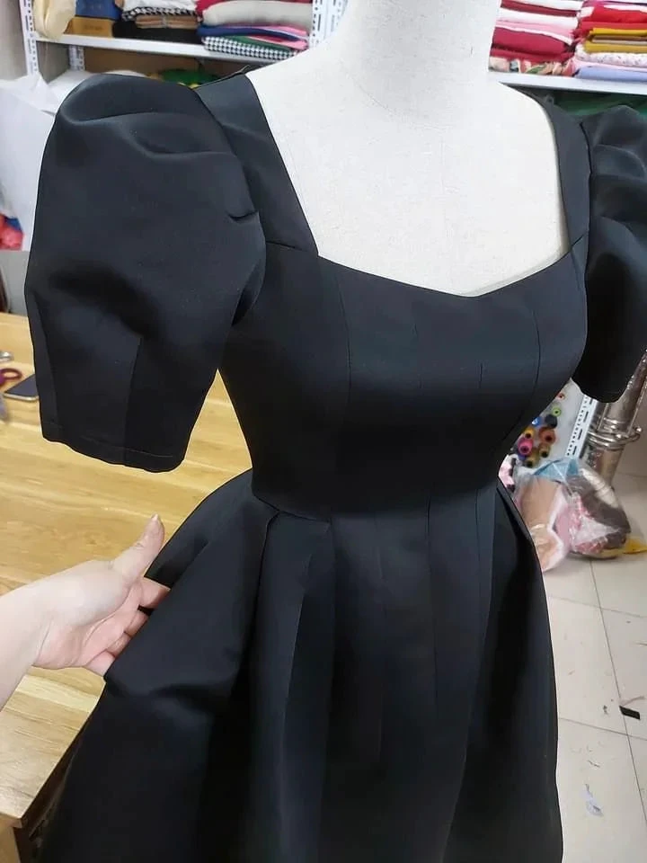 Women Retro Black Puff Sleeve Midi Dress Square Collar A-line Homecoming Dress Y4960 by simplepromdress