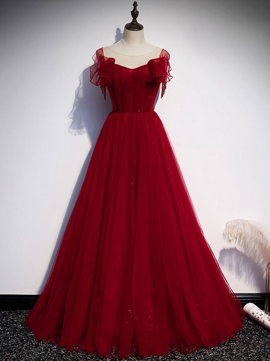 burgundy tulle round neck long prom dress burgundy evening dress - FashionDia