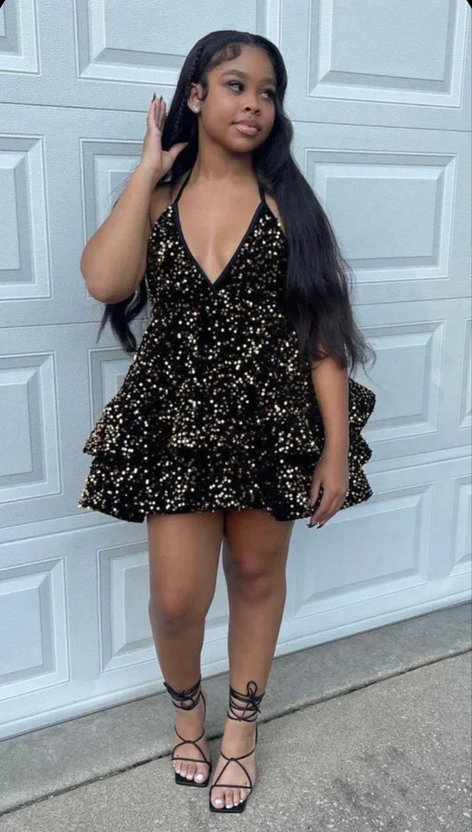 Sparkly Halter Sequin Cocktail dresses 2025 Tiered Homecoming Dresses Y4201 by simplepromdress