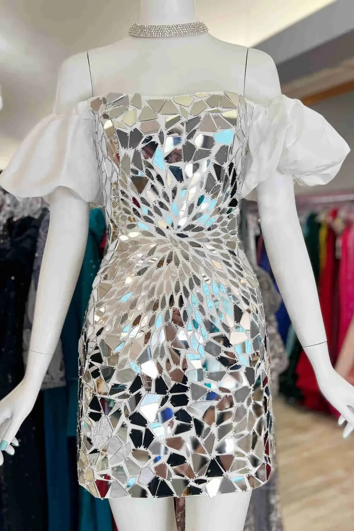 Off the Shoulder Silver Cut Glass Mirror Homecoming Dress (ZD12436)