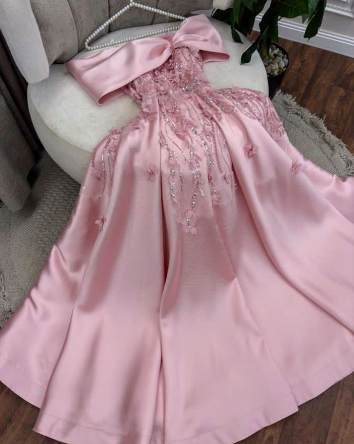 Elegant Pink Off-the-Shoulder Satin Beaded Appliques A-Line Long Party Dress Birthday Prom Dress - FashionDia