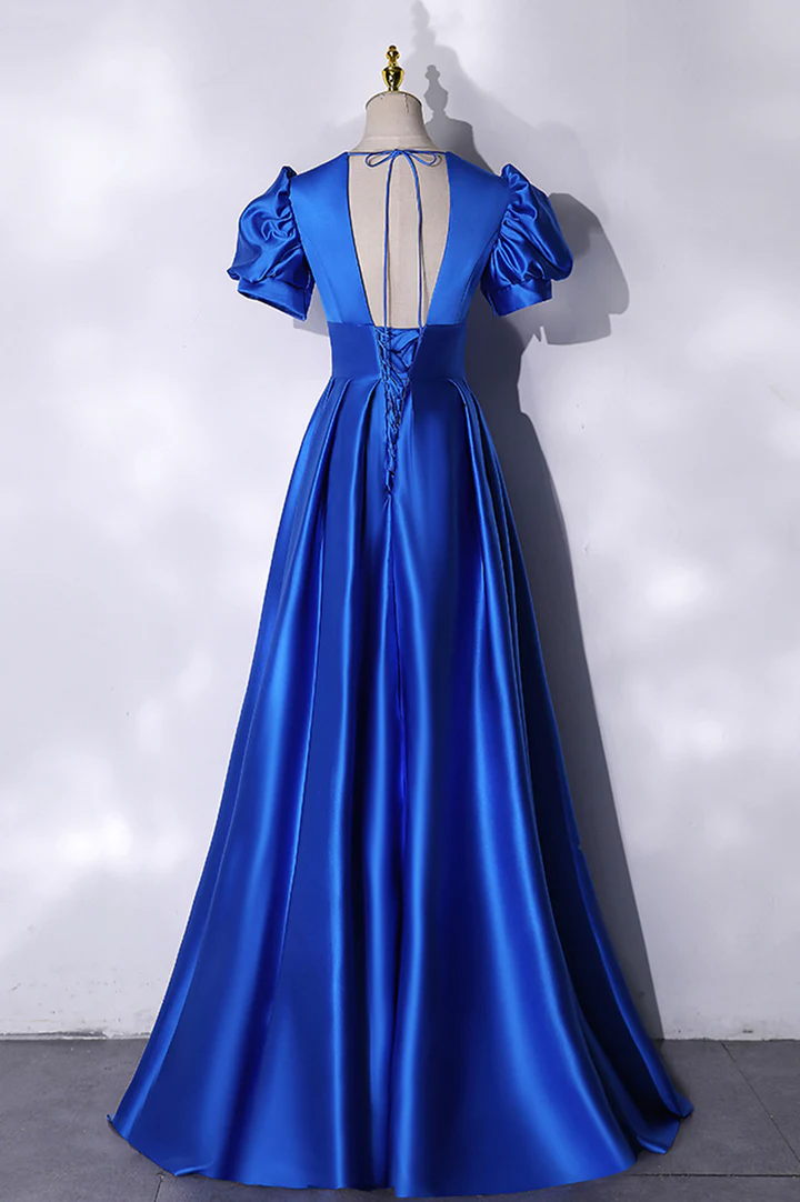 Blue satin long prom dress simple evening dress Y241 - View 4 | VelvetHem