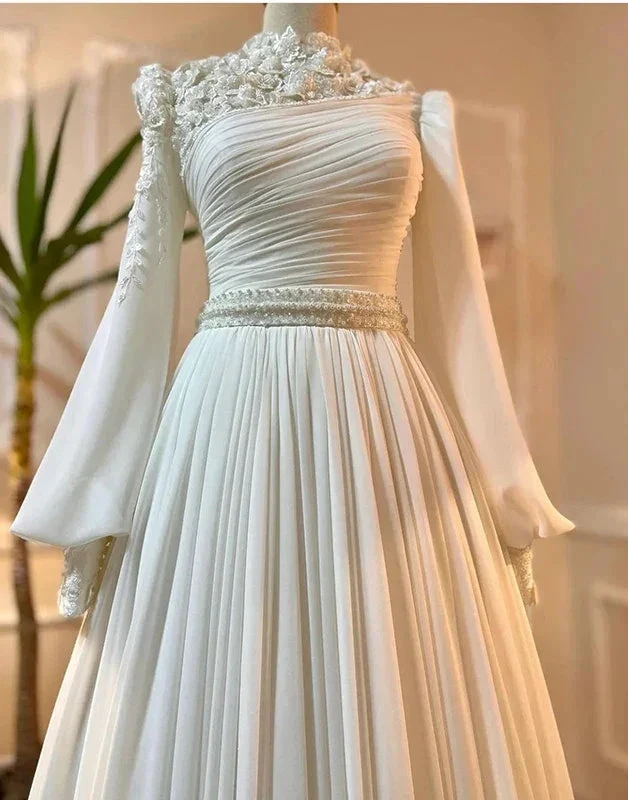 Muslim Wedding Dress Long Sleeves With Pearls Chiffon Appliques Long Pleated Bridal Gowns (ZD13574)