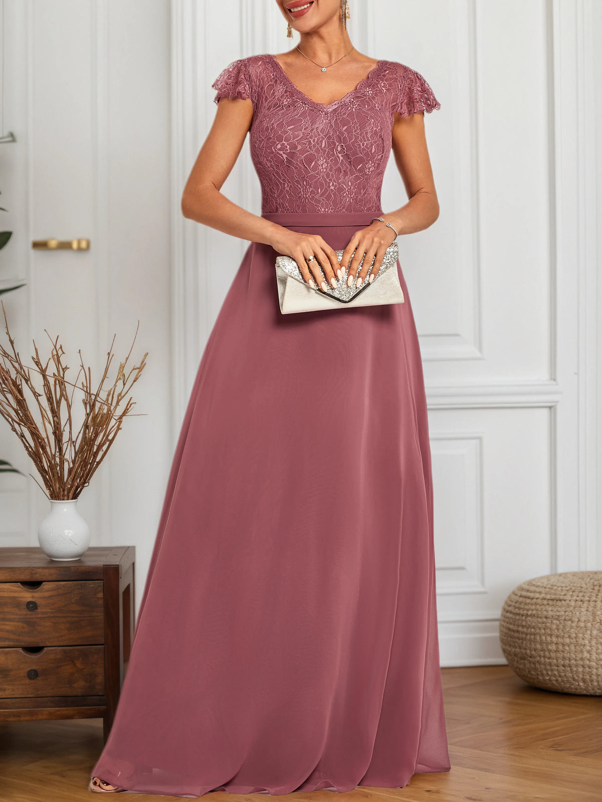 Watermelon Red Lace V-Neck Short Sleeve A-Line Maxi Dress - View 5 | FashionDia
