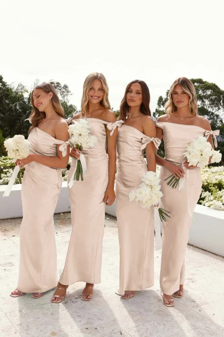 Off-Shoulder Sheath Pleated Satin Sky Blue Long Bridesmaid Dress