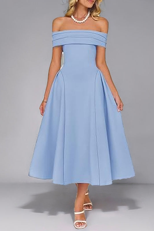 Off-Shoulder Waist-Cinched Solid Party Dress