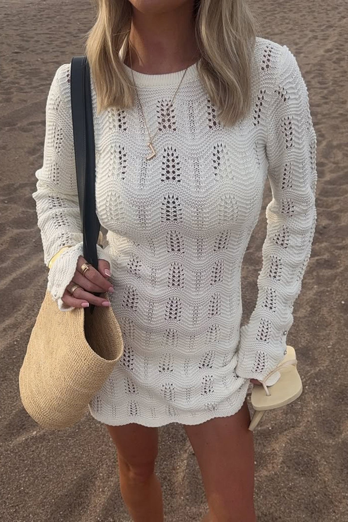 White Knitted Hollow Out Backless Mini Dress