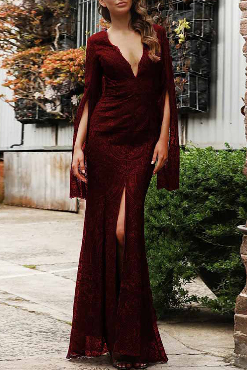 Sexy Formal Solid Lace Zipper V Neck Evening Dress Dresses - View 2 | VelvetHem