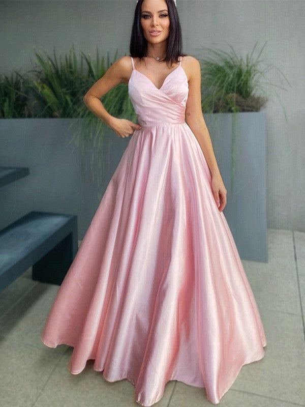 A-line Pink Spaghetti-Straps V-neck Long Prom Dress - View 2 | VelvetHem