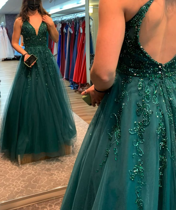 A-Line Green V-Neck Beaded Tulle Long Prom Dress, Formal Dress - FashionDia