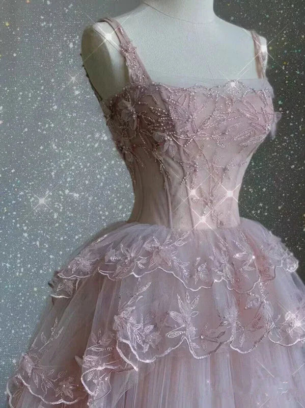 Pink tulle lace long prom dress, pink evening dress