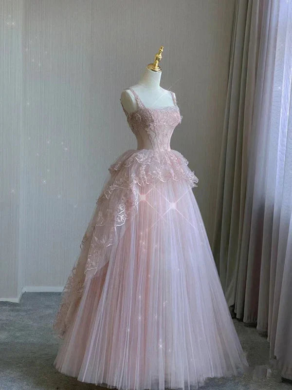 Pink tulle lace long prom dress, pink evening dress