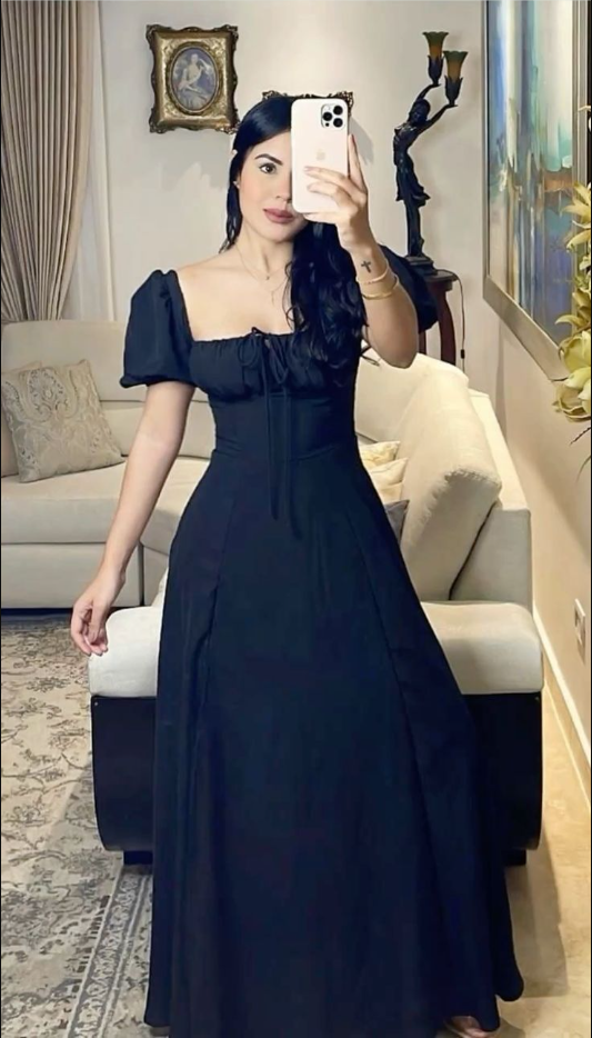 A-Line Long Party Prom Dress with Puff Sleeves - FashionDia